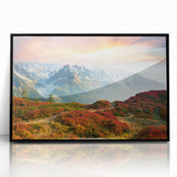 Large abstract wall art of the French Alps in muted earth tones on a framed acrylic, suitable for living room decor.