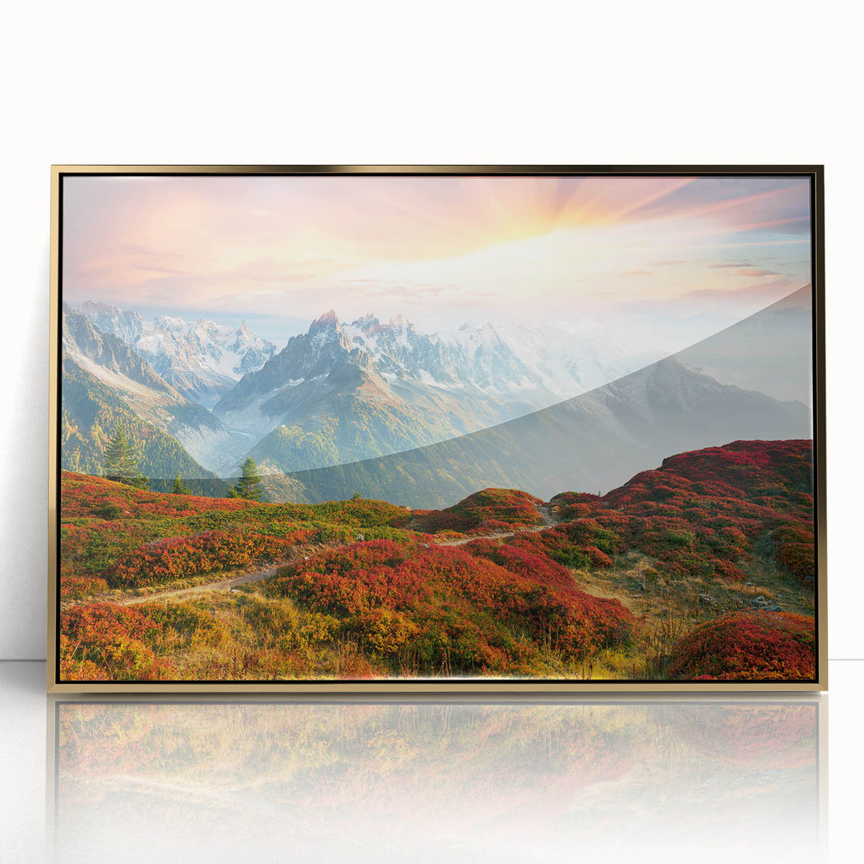 Acrylic print of the French Alps in muted earth tones, framed in gold, suitable as modern art wall decor.