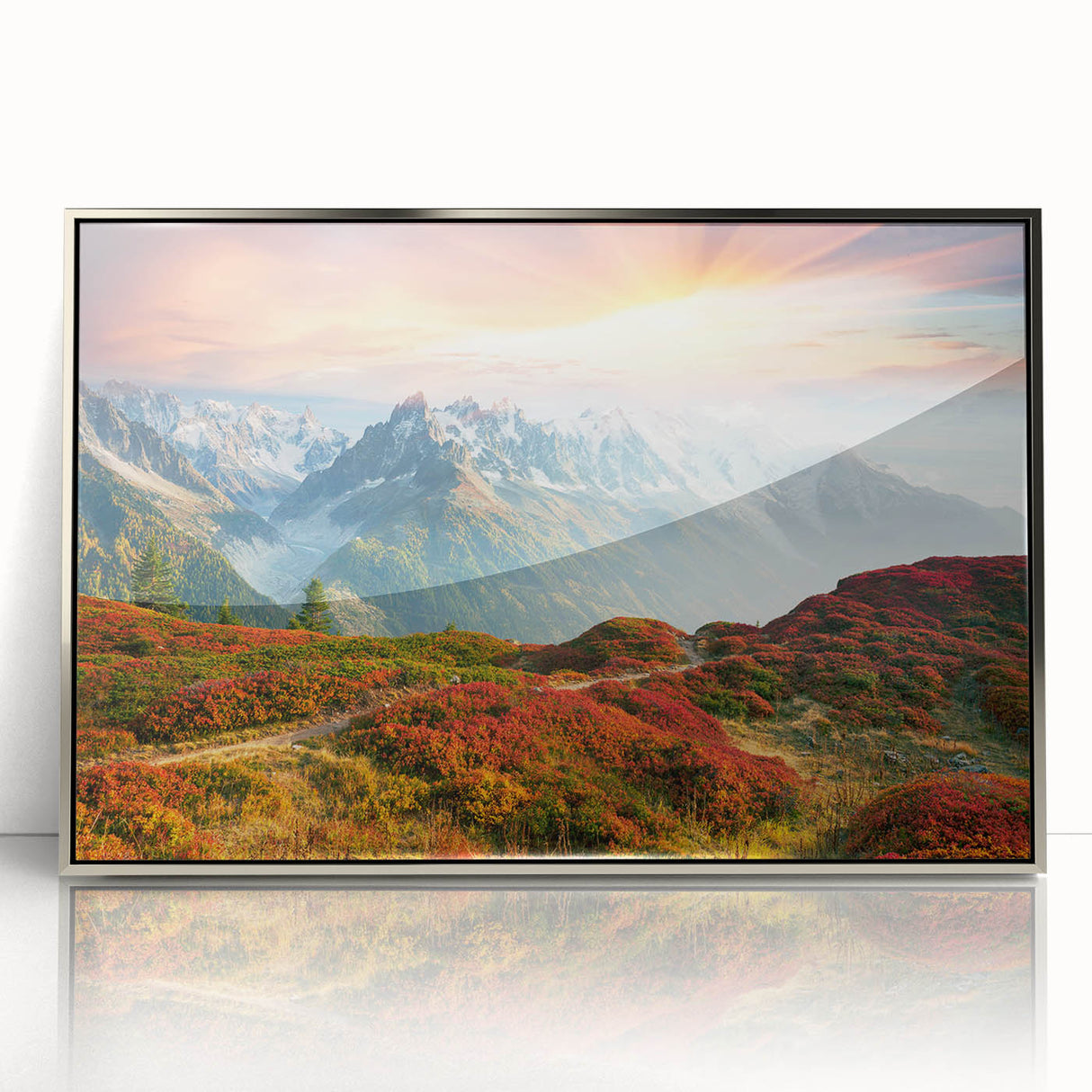 Large art print of the French Alps in muted earth tones on a framed acrylic, suitable for modern art wall decor.