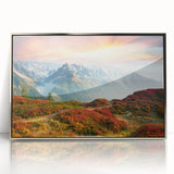 Large art print of the French Alps in muted earth tones on a framed acrylic, suitable for modern art wall decor.