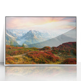 Mid-century modernist art of the French Alps in a framed acrylic, featuring cool blue and white tones.