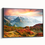 Black and white framed canvas of the French Alps, ideal for bedroom wall art in a vintage poster style.