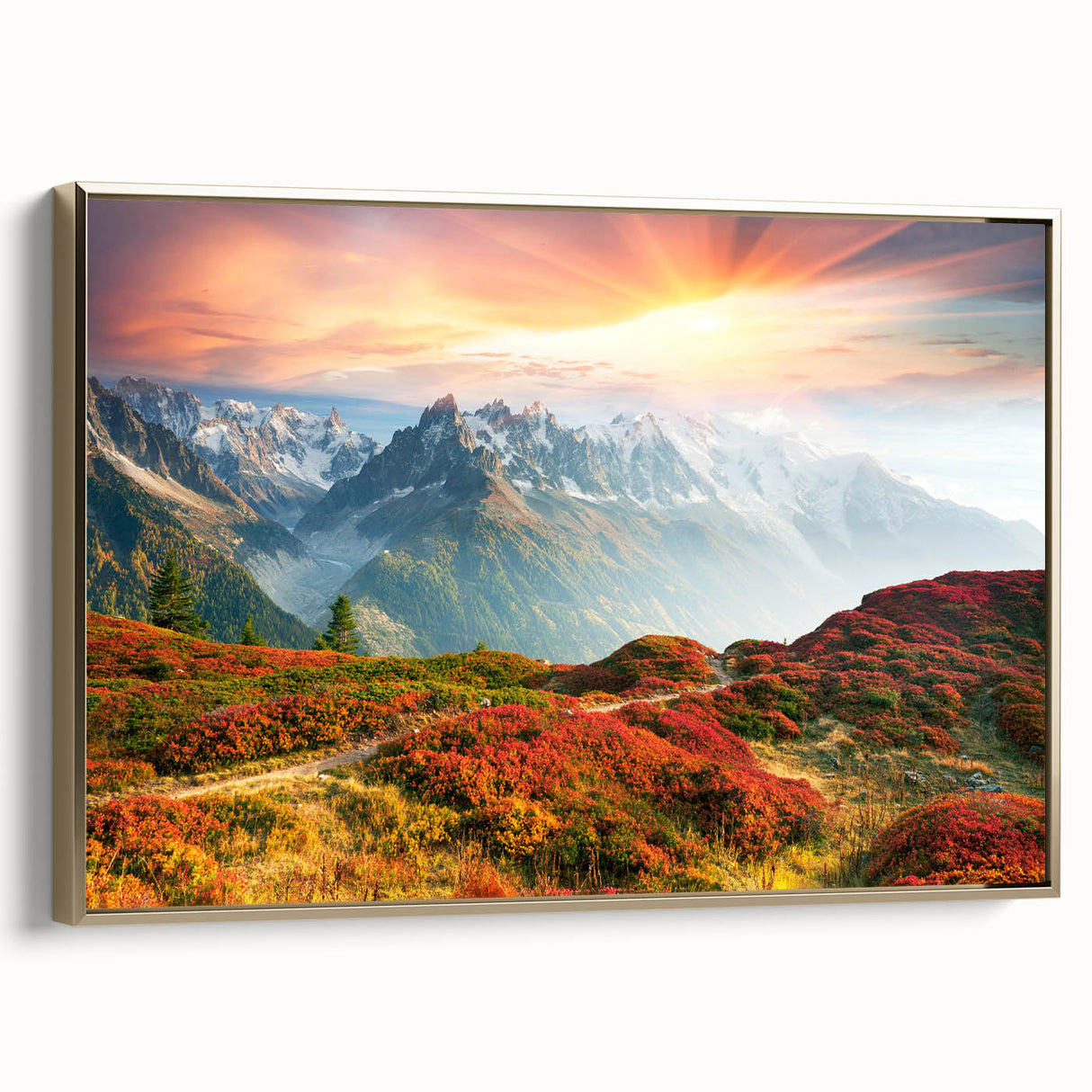 Framed canvas featuring a vintage-style landscape painting of the French Alps in muted gold and black tones.