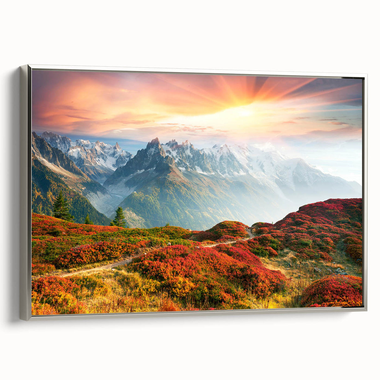 Landscape art painting of the French Alps in colorful hues on a framed canvas, ideal for living room decor.