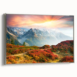 Landscape art painting of the French Alps in colorful hues on a framed canvas, ideal for living room decor.