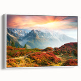 Vintage poster art of the French Alps in colorful hues on a large framed canvas, ideal for living room decor.