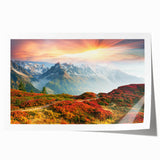 French Alps landscape on rolled print with muted green and blue tones, ideal for art wall dining room.