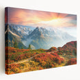 French Alps landscape on large stretched canvas, featuring muted green and blue tones, ideal for kitchen wall art.
