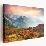 French Alps landscape on large stretched canvas, featuring muted green and blue tones, ideal for kitchen wall art.