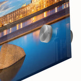 Large abstract wall art depicting the Lyon cityscape in muted gray and blue tones on acrylic glass.