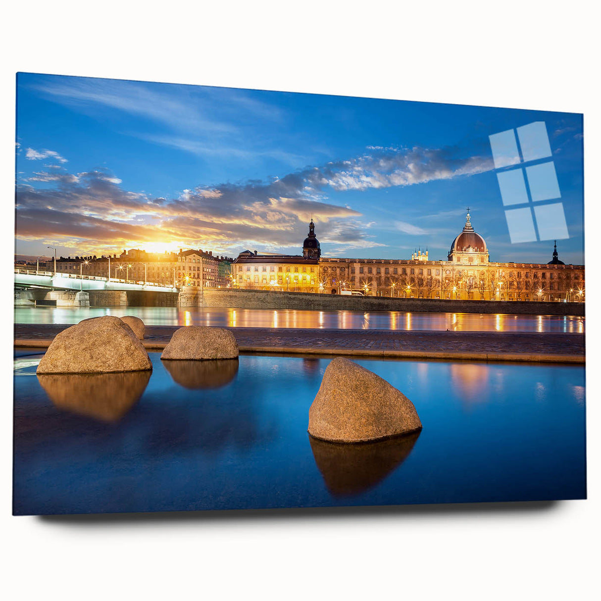 Acrylic print of a large abstract depiction of Lyon, featuring vibrant blue and orange tones.