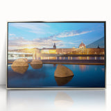 Large art print of Lyon, France skyline in muted gray and silver tones on framed acrylic, ideal for modern art wall decor.