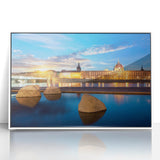 Mid-century modernist art of Lyon, France in pastel shades on white framed acrylic, suitable for nursery wall art.