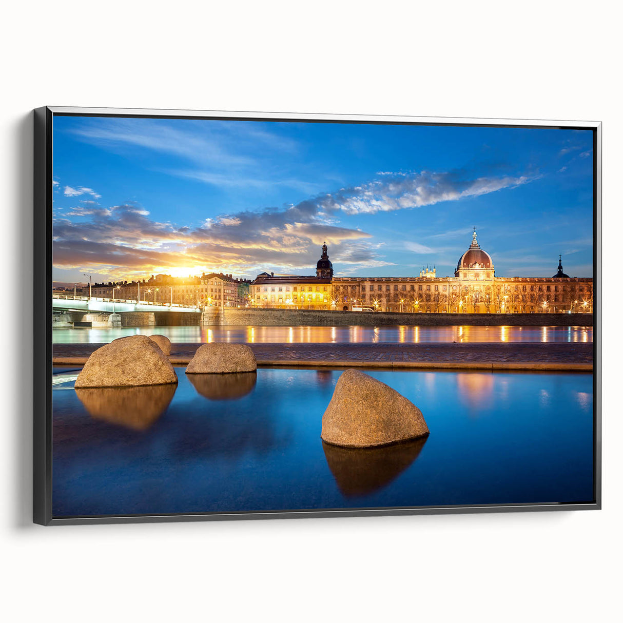 Black and white framed canvas of Lyon landscape in vintage poster style, ideal for bedroom wall art.