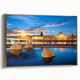 Framed canvas wall art depicting a vintage-style black and white landscape of Lyon, ideal for bedroom decor.