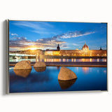 Landscape art painting of Lyon with colorful buildings, framed in silver on canvas, suitable for living room decor.