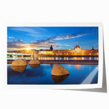 Scenic Lyon cityscape in muted watercolor tones on a rolled canvas, ideal for dining room wall art.