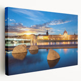 Large art print of Lyon, France, on stretched canvas with vibrant cityscape colors, ideal for kitchen wall art.