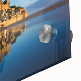 Large abstract wall art featuring a mid-century modernist interpretation of a European scenery in muted earth tones.