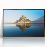 Art deco poster of a scenic French landscape in muted gold and blue tones, acrylic framed.