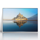 Mid-century modernist art depicting a serene French landscape in muted pastel hues on framed acrylic.