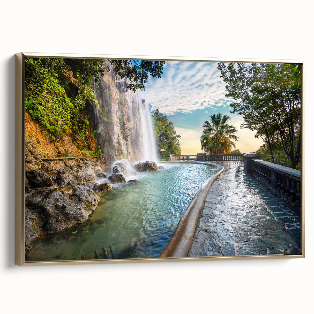 Framed canvas featuring a vintage-style landscape painting of Nice, France, in muted gold and black tones.