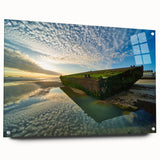 Acrylic print of a serene Normandy landscape, in muted greens and blues, ideal for dining room decor.