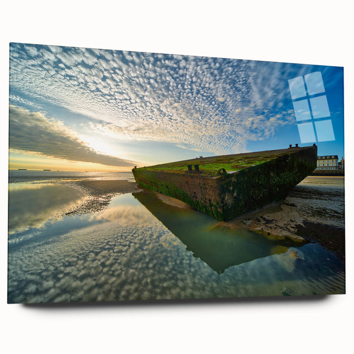Large abstract wall art of Normandy scenery in muted blue and green hues, acrylic glass print.