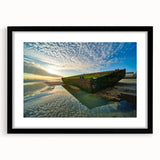 Extra large abstract art print of a colorful Normandy scenery on textured canvas, framed in black.