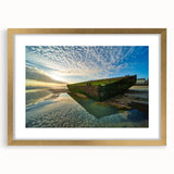 Abstract art prints depicting a serene Normandy landscape in muted green and blue tones, framed in gold.