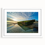 Textured art print of abstract Normandy scenery in muted earth tones on a white framed mat, suitable for bedroom decor.