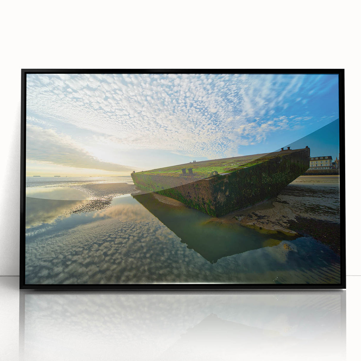 Large abstract wall art depicting a serene Normandy landscape in muted earth tones, framed in black acrylic.