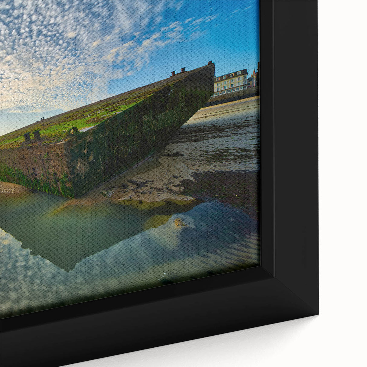 Extra large framed canvas of a textured, colorful Normandy landscape in black, ideal for living room wall art.