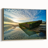 Vintage poster art of a Normandy landscape on framed canvas, featuring black and gold tones, ideal for bedroom wall art.