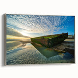 Landscape art painting of Normandy with vibrant green fields and a blue sky, framed in silver, perfect for a living room.