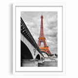 Textured abstract art print depicting the Eiffel Tower in muted gray tones, framed in white, ideal for bedroom decor.