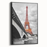 Black and white vintage poster art of Paris landscape on framed canvas, suitable for bedroom decor.