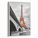 Vintage poster art of Paris scenery in vibrant colors on a framed canvas, ideal for living room decor.