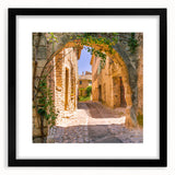 Extra large, textured abstract art print of a colorful Provence scenery on a black framed mat, ideal for living room decor.