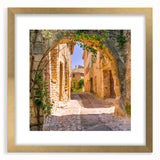 Abstract art print of Provence scenery in muted earth tones, framed with a gold mat, suitable for dining room decor.