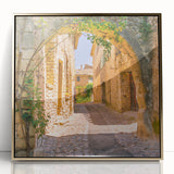 Acrylic print of Provence landscape in muted earth tones, framed in gold, suitable as modern art wall decor.