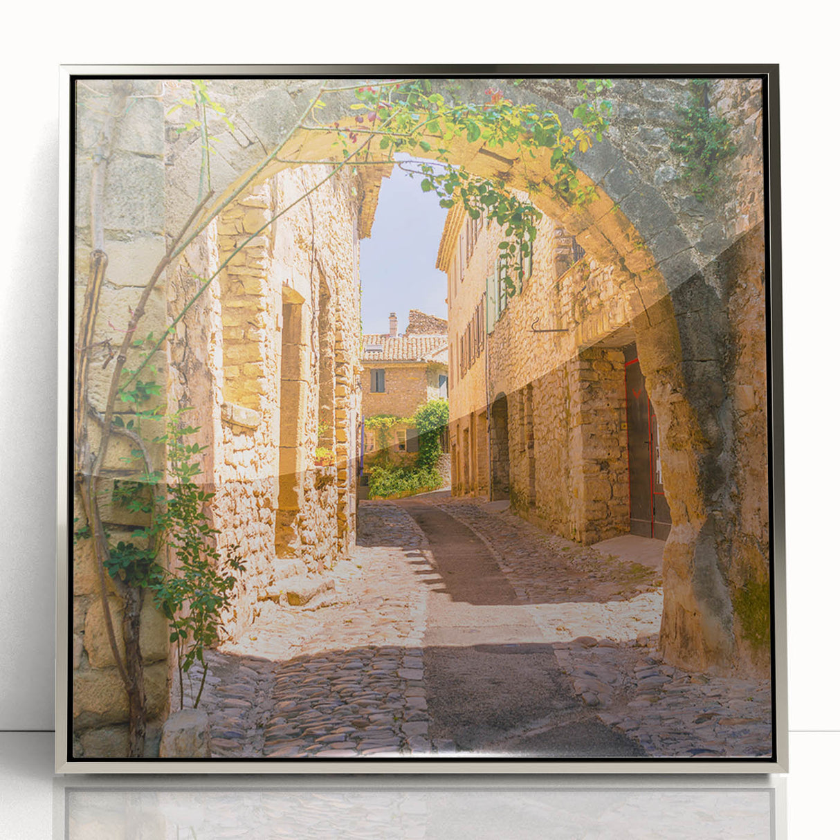 Large art print of a Provencal landscape in muted earth tones on a framed acrylic, ideal for modern art wall decor.