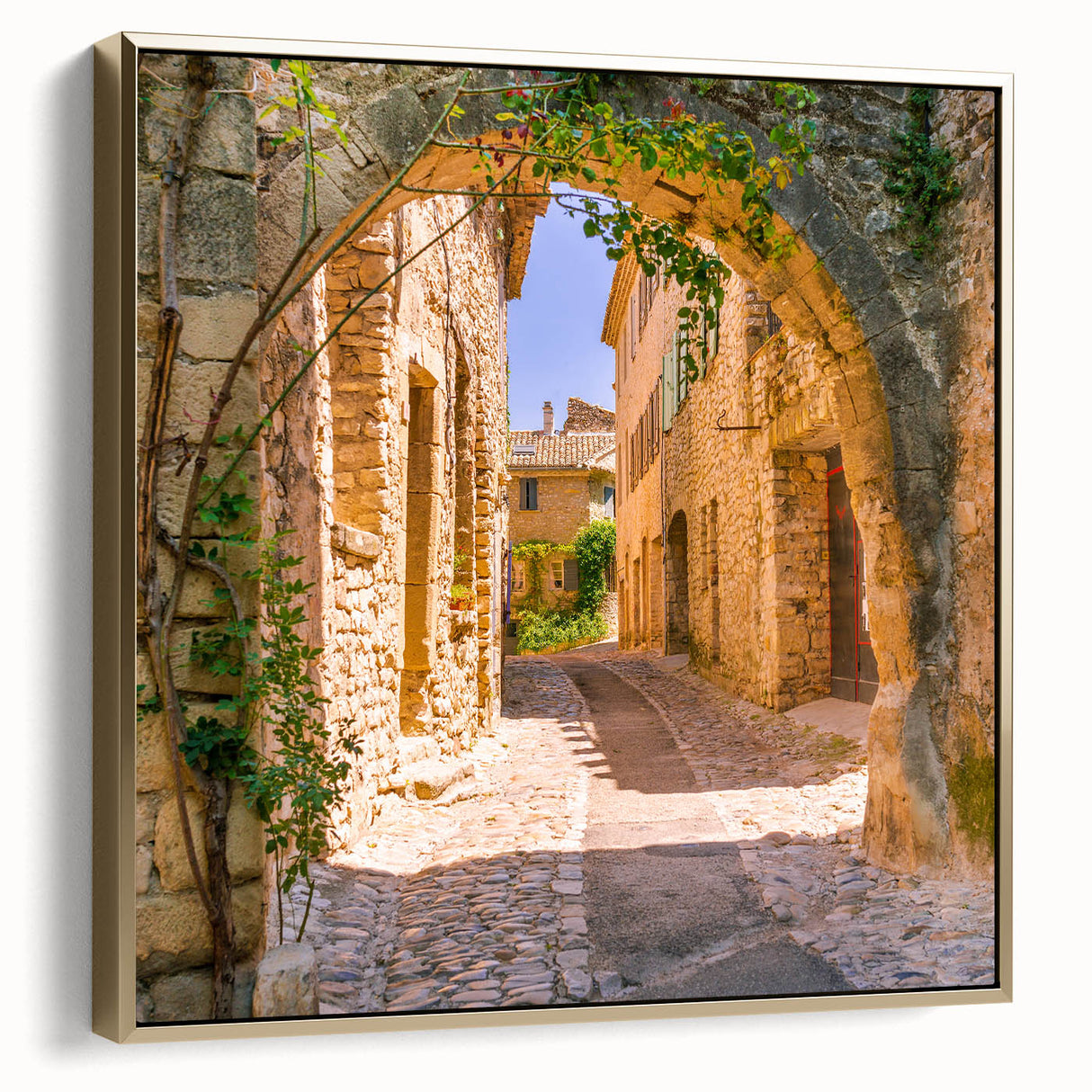 Framed canvas depicting a vintage-style landscape of Provence with silver and gold tones, ideal for bedroom wall art.