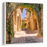 Vintage poster art of a Provence scenery on framed canvas with colorful palette, ideal for living room decor.