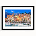 Extra large abstract art print depicting a colorful, textured European landscape, framed in black.