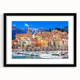 Extra large abstract art print depicting a colorful, textured European landscape, framed in black.