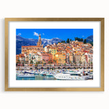 Abstract art print featuring a stylized South of France scenery in muted earth tones, framed in gold.