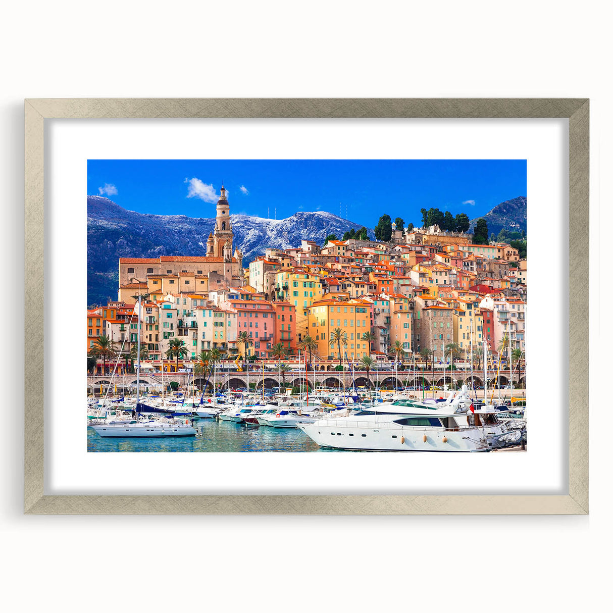 Extra large abstract art print featuring textured scenery of southern France in muted earth tones, framed in silver.