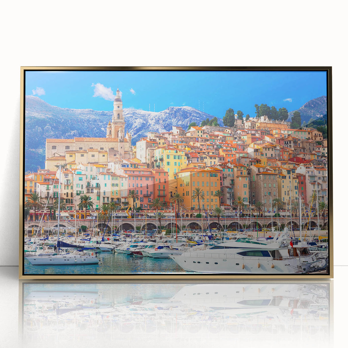 Art deco poster of a serene French landscape in soft pastel hues on a framed acrylic.