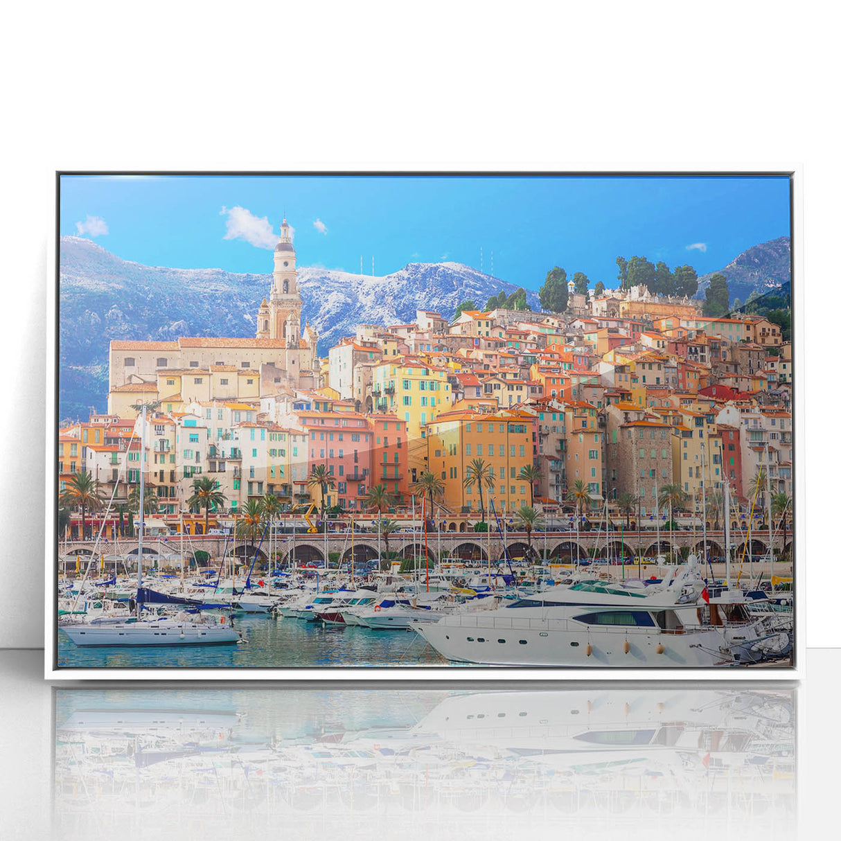 Mid-century modernist art depicting a serene South France landscape on a white framed acrylic, with soft pastel shades.
